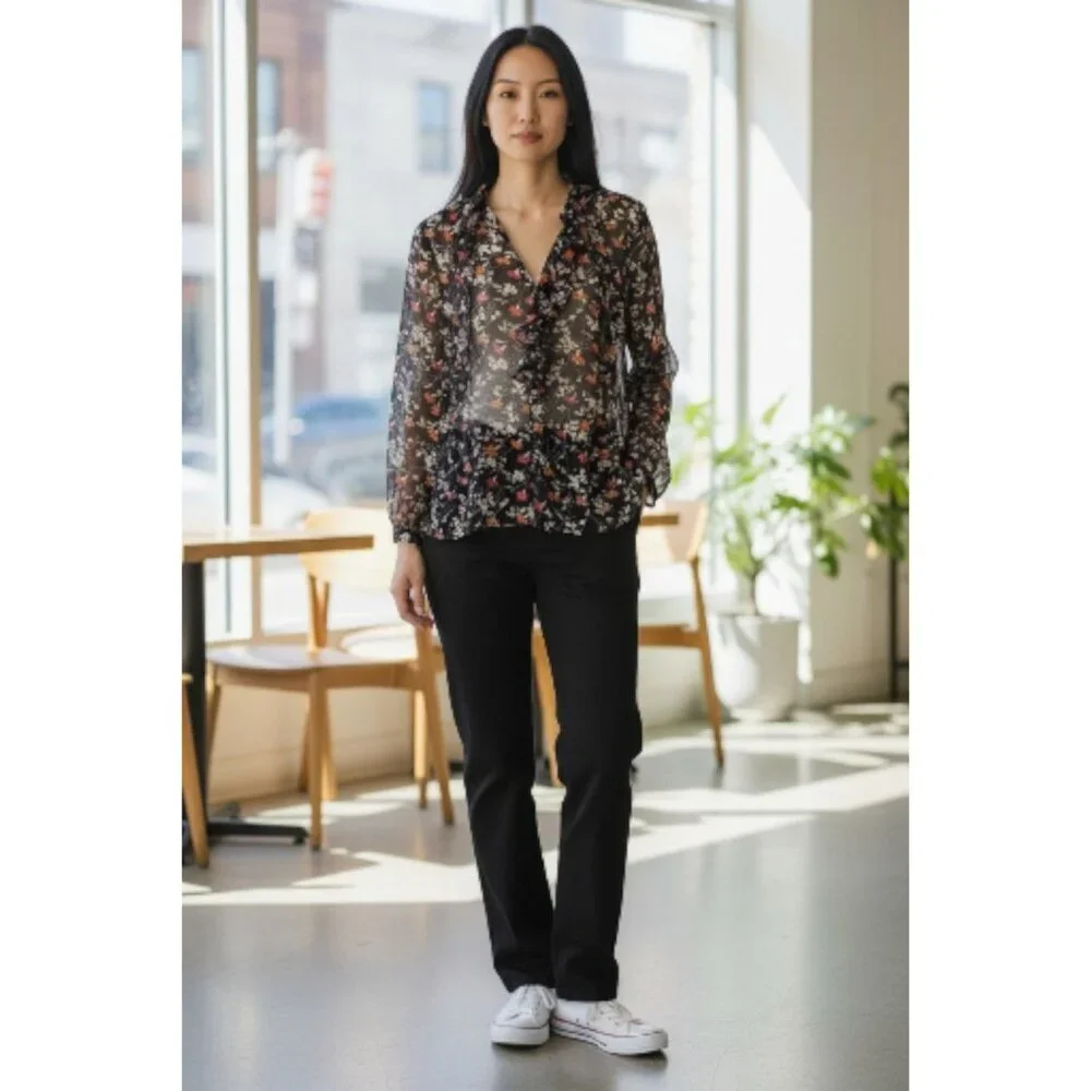 Joie Black Pink Silk Sheer Floral Ruffle Tie Neck Blouse Size M Boho Romantic - Picture 2 of 14